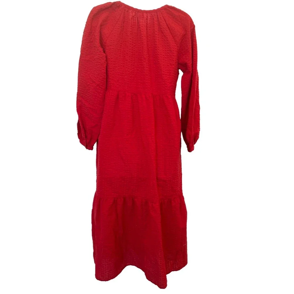 Old Navy Maxi Dress Sz XS Red Peasant Seersucker Long Sleeve Tiered Empire Waist - Picture 2 of 7